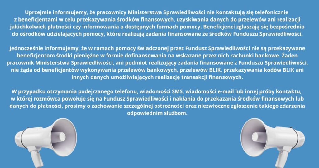 Obrazek mówiący o oszustwach osób, którzy dzwonią do osób i przedstawiają się jako pracownicy Ministerstwa Sprawiedliwości i chcą w ten sposób wyłudzić pieniądze